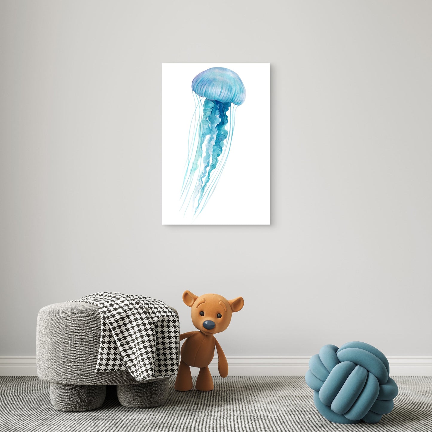 Blue Watercolor Jellyfish Sea Life 60x90cm Metal Print Ready to Hang