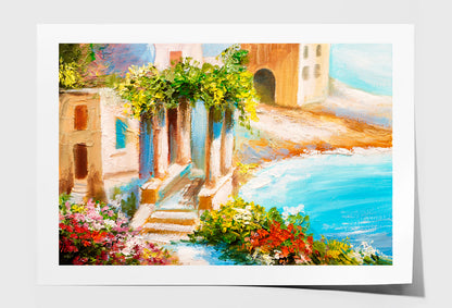 House Near The Sea, Sea Coast, Flowers Oil Painting Limited Edition High Quality Print Unframed Roll Canvas None