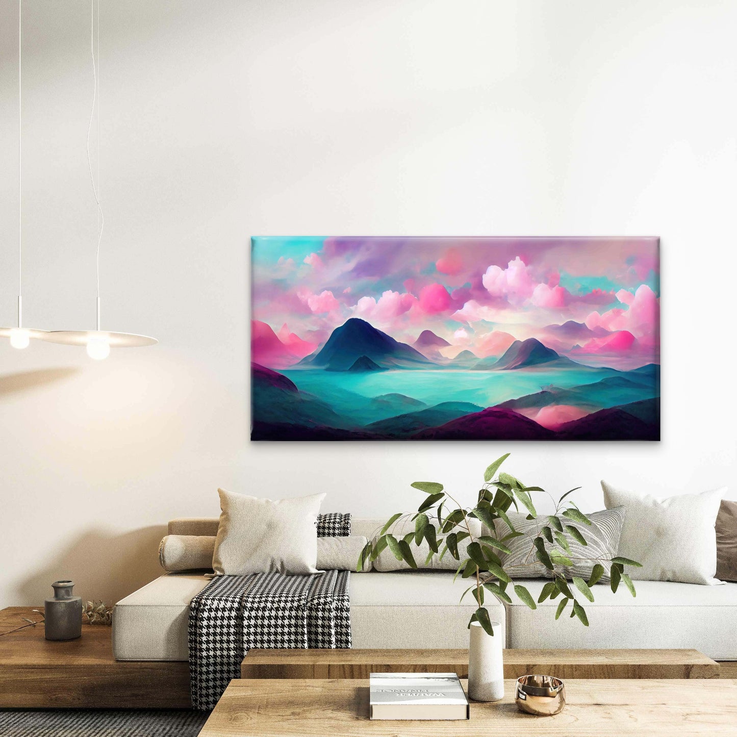 Pastel Pink Mountain Lake View Wall Art Canvas Office Home Room Framed 120x60 cm - Bella Home Decor