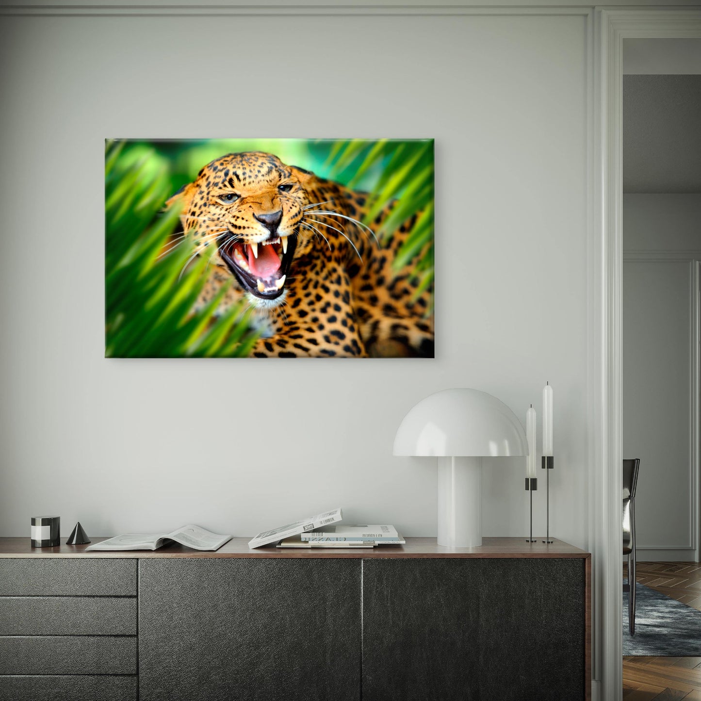 Snarling African Leopard in Tropical Leaf Wall Art Decor 100% Australian Made