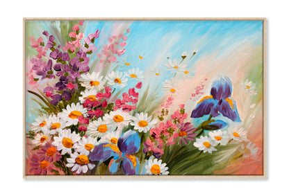 Abstract Illustration of Flowers, Daisies Oil Painting Wall Art Limited Edition High Quality Print Canvas Box Framed Natural