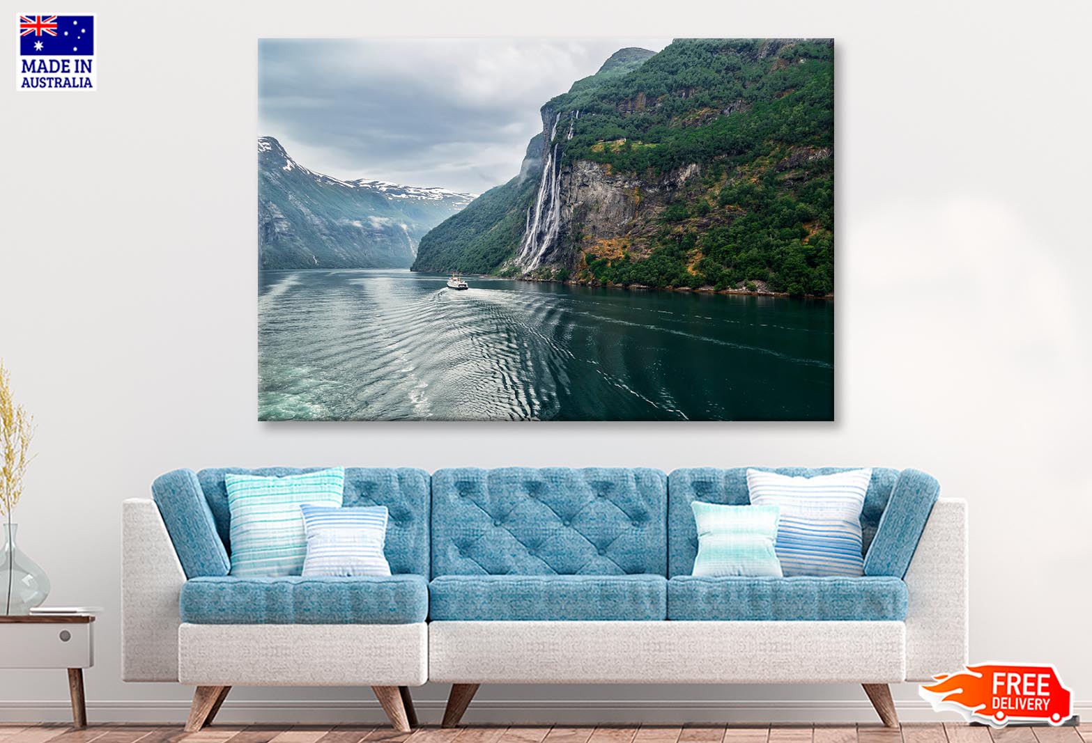 Waterfall On a Fjord Mountain Wall Art Decor 100% Australian Made - Bella Home Decor