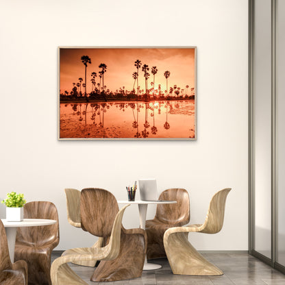 Golden reflection of sugar palm trees in Pathum Thani, Thailand  Wall Art Decor 100% Australian Made