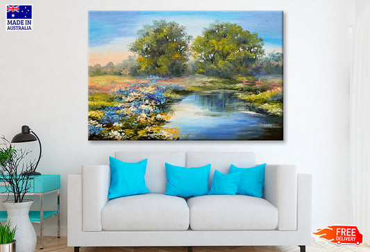 River in the Forest & Colorful Field Oil Painting Wall Art Limited Edition High Quality Print