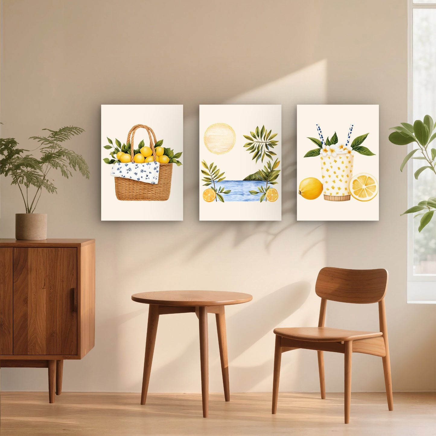 3pcs Summer Amalfi Coastal Lemonade Painting Wall Art Set Canvas Framed 40x60cm - High Quality Print 100% Australian Made Wall Canvas Ready to Hang
