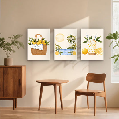 3pcs Summer Amalfi Coastal Lemonade Painting Wall Art Set Canvas Framed 40x60cm - High Quality Print 100% Australian Made Wall Canvas Ready to Hang