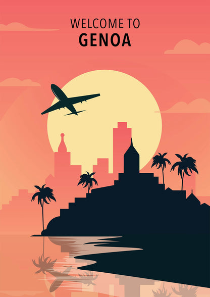 Retro City Skyline Plane Shore Welcome to Genoa Italy Travel Poster Print Wall Art
