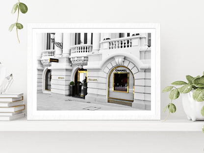 Gold Door B&W Fashion Store View Photograph Glass Framed Wall Art, Ready to Hang Quality Print With White Border White