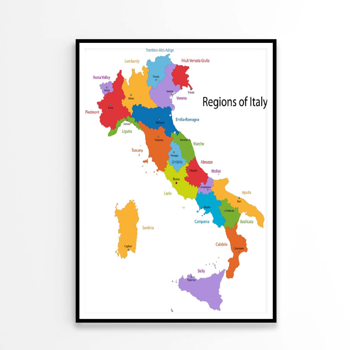 Italy Map with Regions and Main Cities Home Decor Premium Quality Poster Print Choose Your Sizes