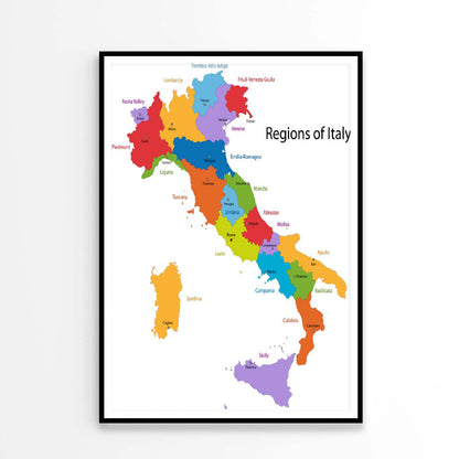 Italy Map with Regions and Main Cities Home Decor Premium Quality Poster Print Choose Your Sizes