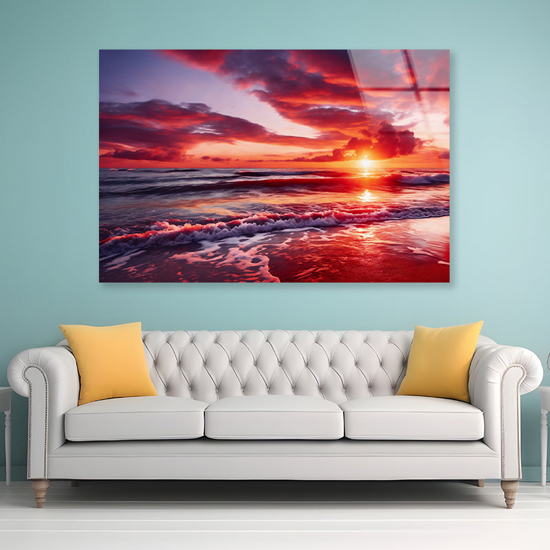 Sunset over a Beach with Sky Acrylic Glass Print Tempered Glass Wall Art 100% Made in Australia Ready to Hang - Bella Home Decor