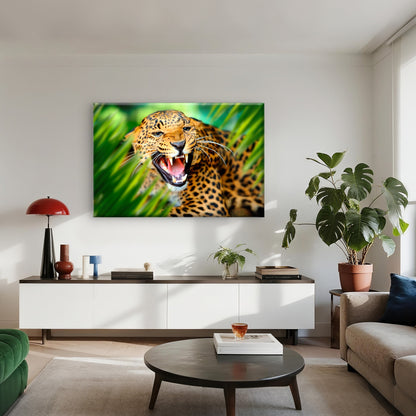 Snarling African Leopard in Tropical Leaf Wall Art Decor 100% Australian Made