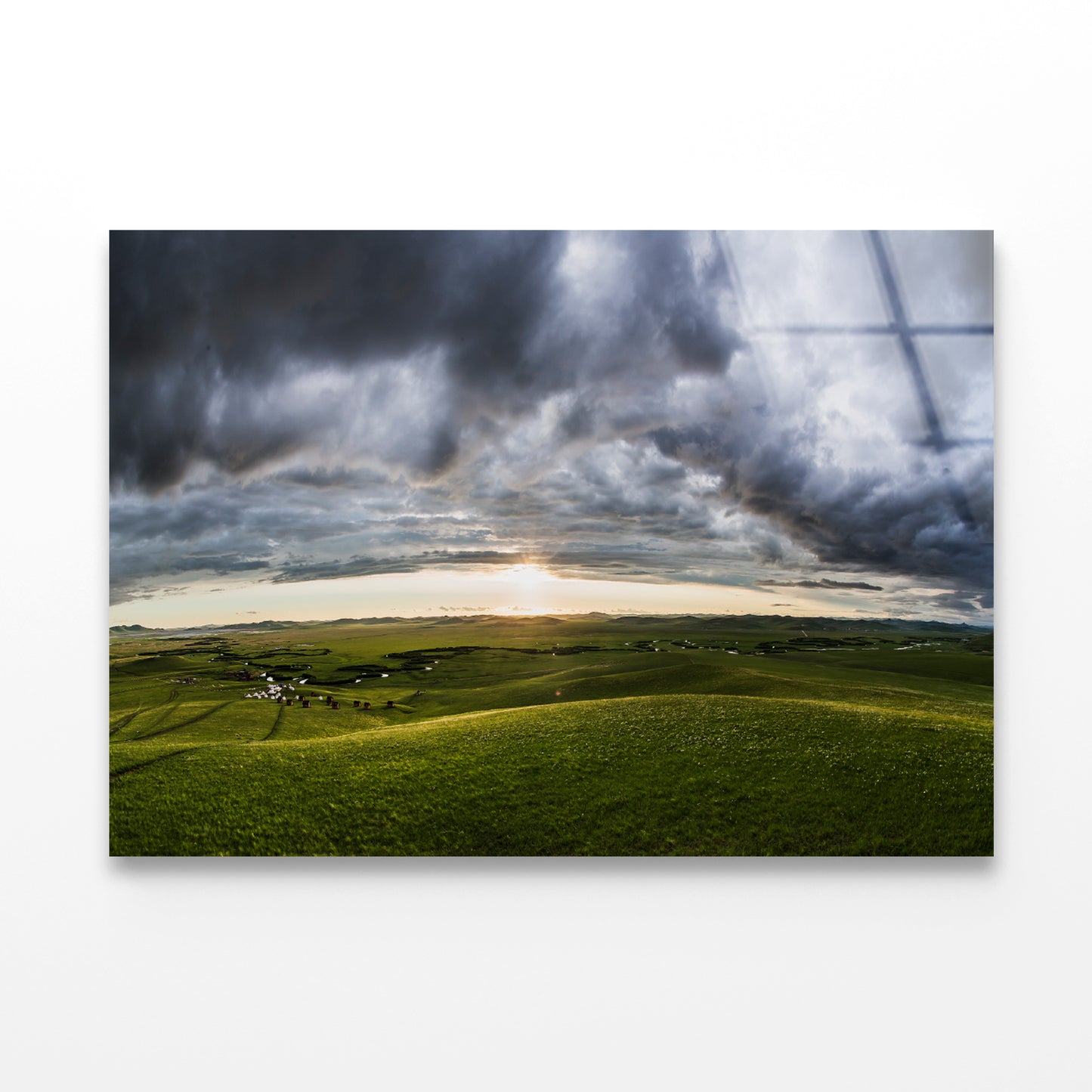 A Large Green Grassland with Clouds in the Sky Acrylic Glass Print Tempered Glass Wall Art 100% Made in Australia Ready to Hang