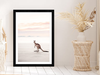 Kangaroo near Sea Faded Photograph Glass Framed Wall Art, Ready to Hang Quality Print With White Border Black