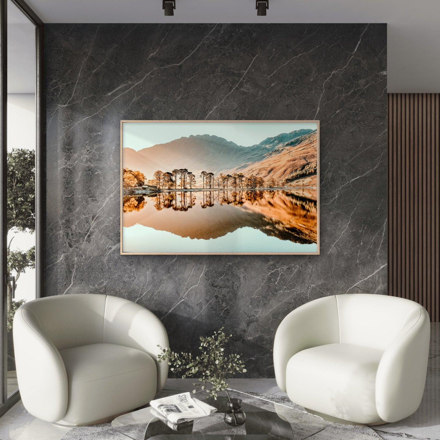 Golden Sunset Autumn Mountain Tree Lake Reflection Wall Art Decor 100% Australian Made