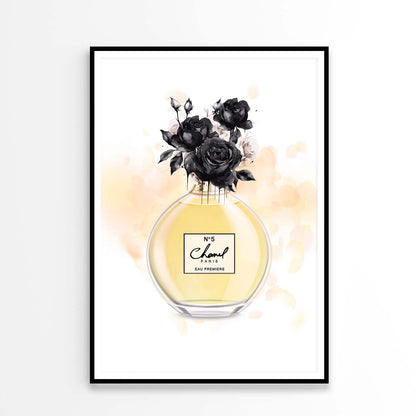 Fashion Yellow Perfume with Black Flowers Design Home Decor Premium Quality Poster Print Choose Your Sizes