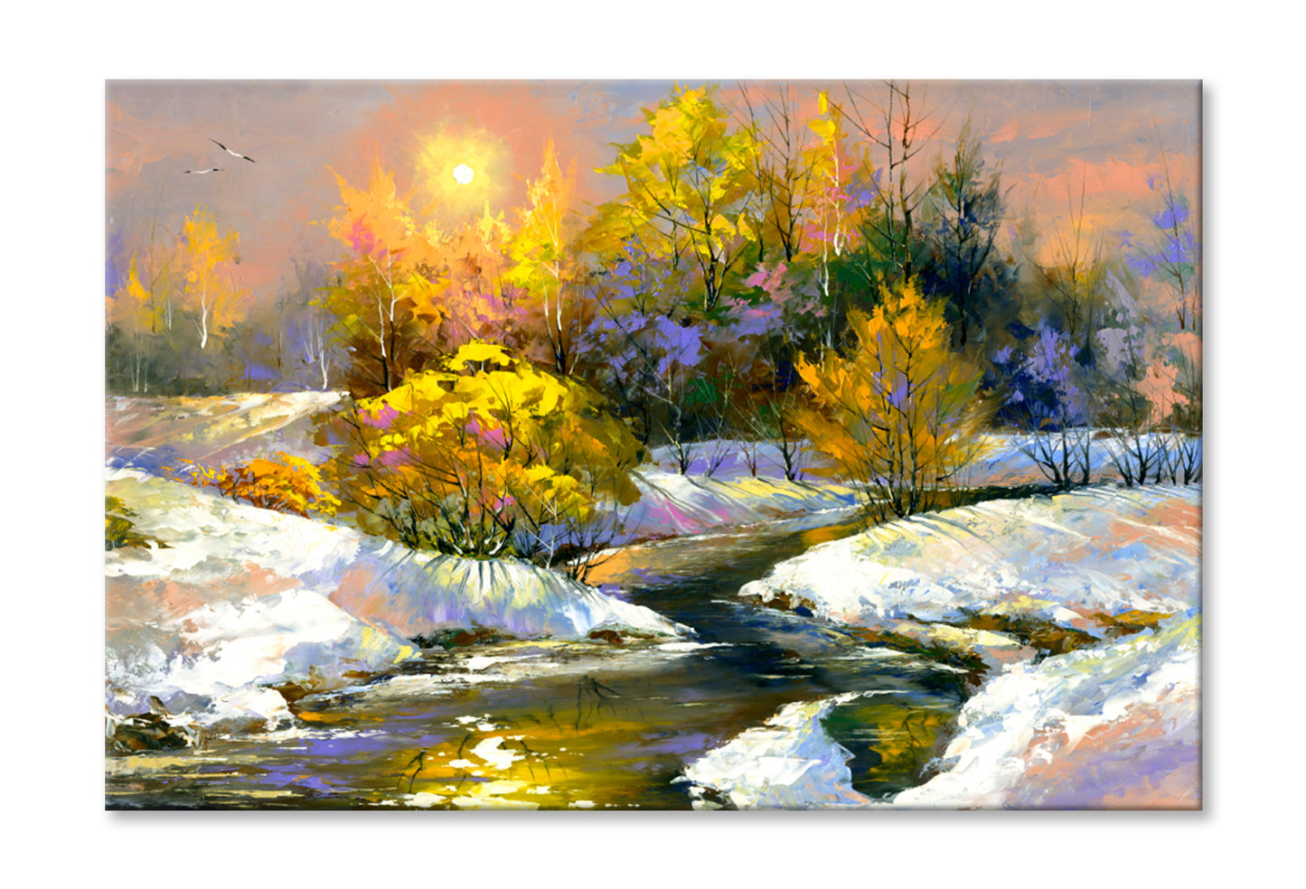 Winter River Oil Painting Wall Art Limited Edition High Quality Print Stretched Canvas None