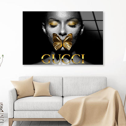 Lady With Gold Butterfly Acrylic Glass Print Tempered Glass Wall Art 100% Made in Australia Ready to Hang