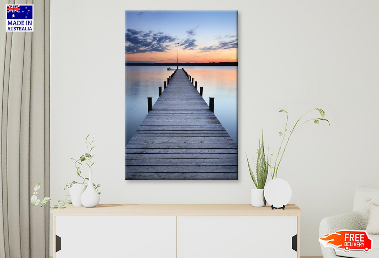 Wooden Pier On Lake & Sunset Sky View Wall Art Decor 100% Australian Made