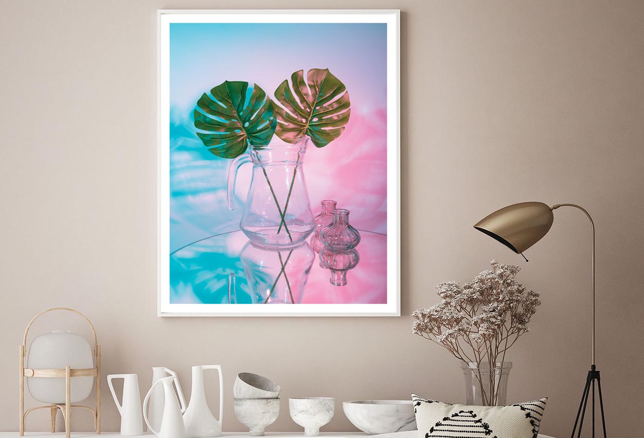 Two Green Leaves in A Clear Vase on A Table Home Decor Premium Quality Poster Print Choose Your Sizes - Bella Home Decor