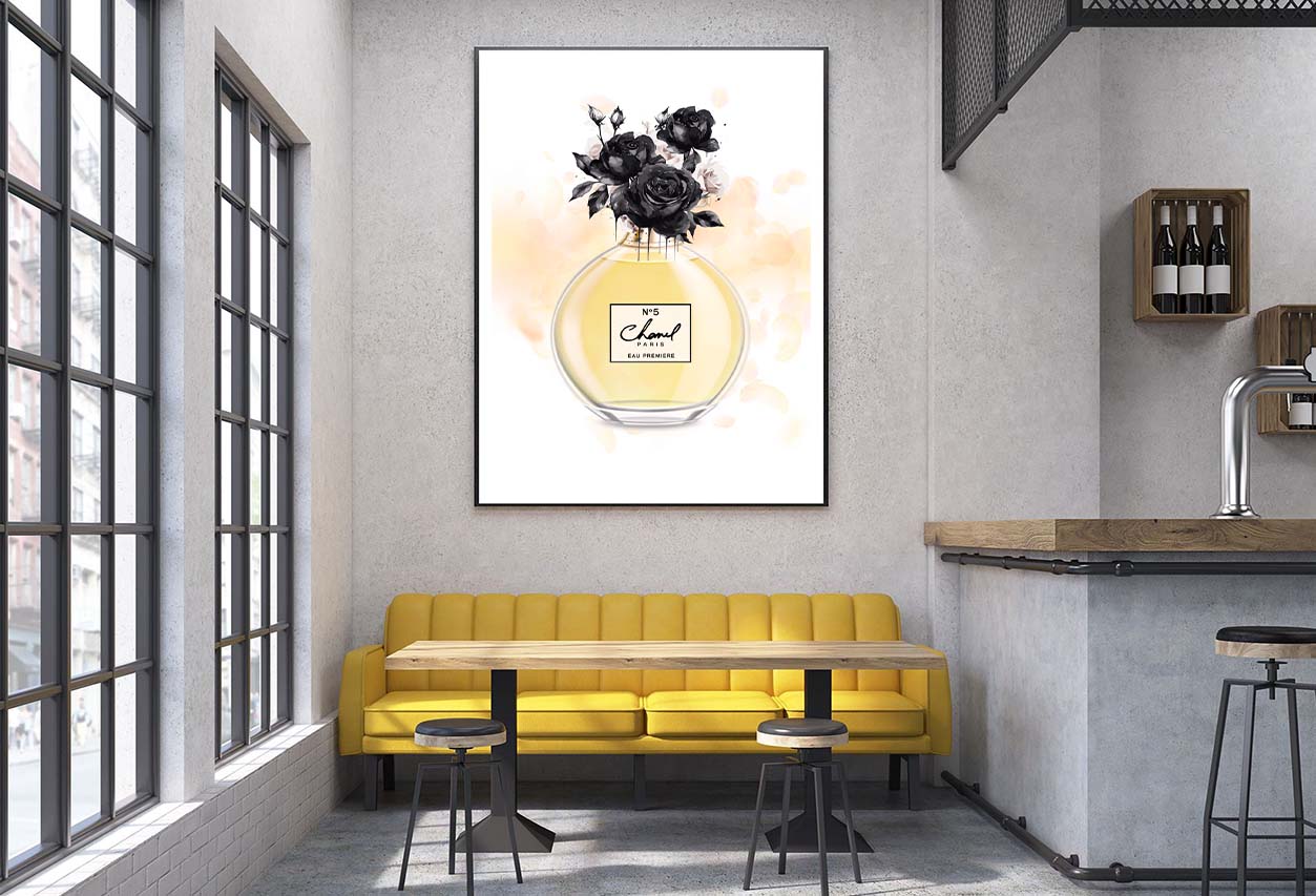 Fashion Yellow Perfume with Black Flowers Design Home Decor Premium Quality Poster Print Choose Your Sizes