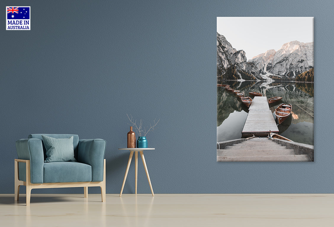 High Angle View Boats Moored by Lake Against Sky Wall Art Decor 100% Australian Made