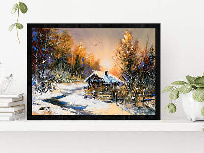 Rural Winter Landscape Autumn Painting Glass Framed Wall Art, Ready to Hang Quality Print Without White Border Black