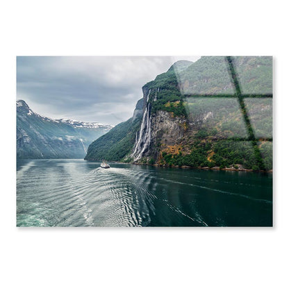 Waterfall On a Fjord Acrylic Glass Print Tempered Glass Wall Art 100% Made in Australia Ready to Hang - Bella Home Decor