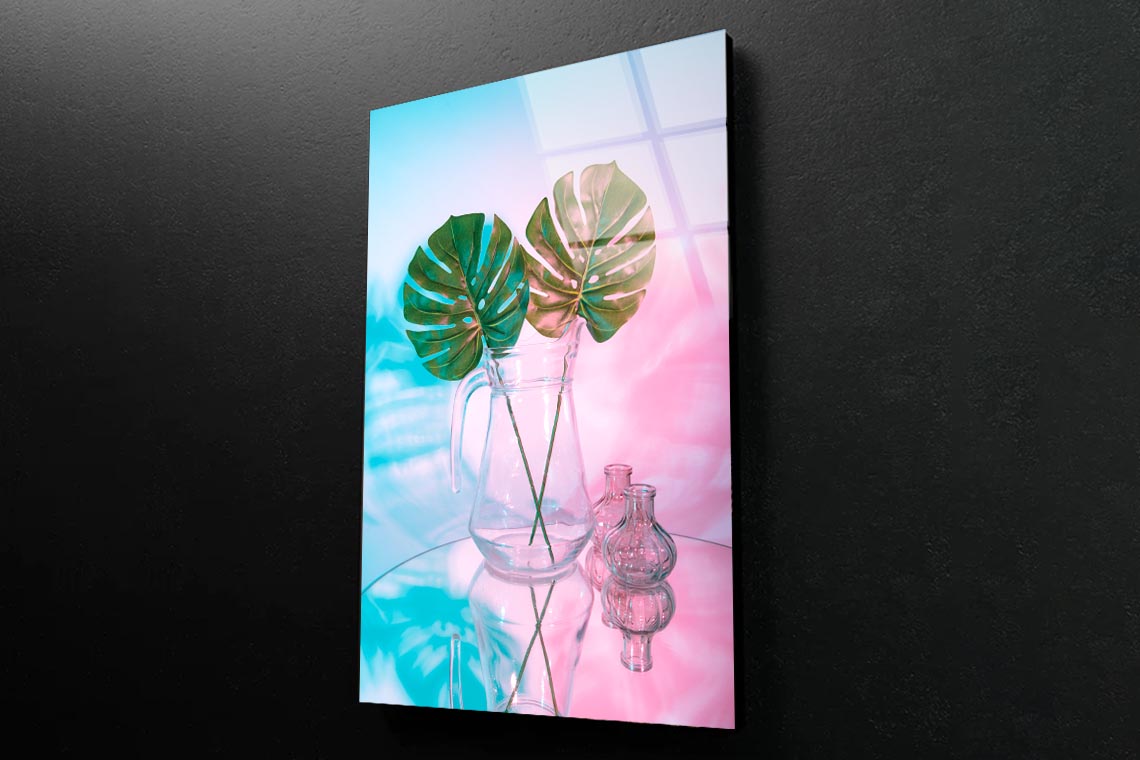 Two Green Leaves in A Clear Vase on A Table Portrait Photograph Acrylic Glass Print Tempered Glass Wall Art 100% Made in Australia Ready to Hang - Bella Home Decor