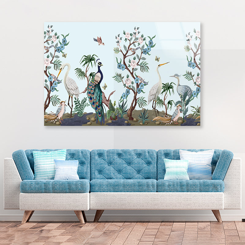 Peacock and Peonies Style Acrylic Glass Print Tempered Glass Wall Art 100% Made in Australia Ready to Hang - Bella Home Decor