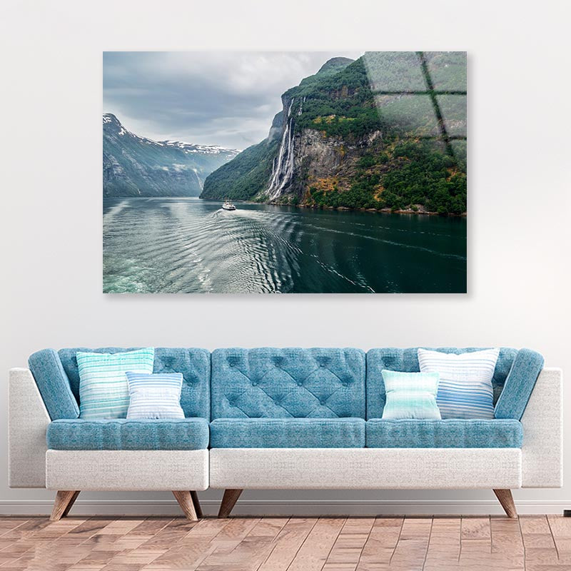 Waterfall On a Fjord Acrylic Glass Print Tempered Glass Wall Art 100% Made in Australia Ready to Hang - Bella Home Decor