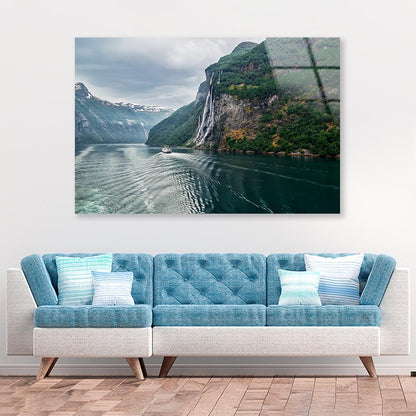 Waterfall On a Fjord Acrylic Glass Print Tempered Glass Wall Art 100% Made in Australia Ready to Hang - Bella Home Decor