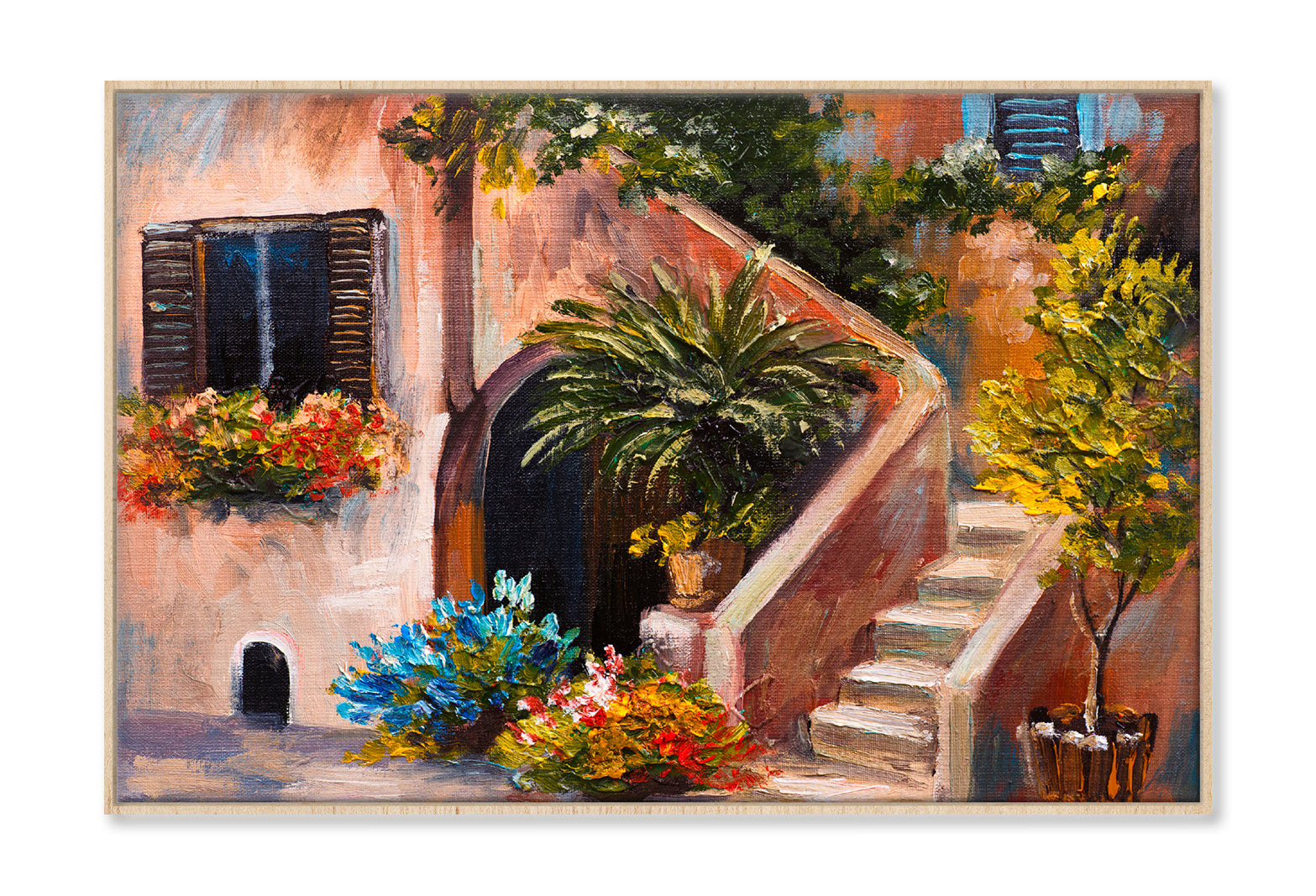 Summer Terrace, Flowers In A Garden, House In Greece Oil Painting Wall Art Limited Edition High Quality Print Canvas Box Framed Natural