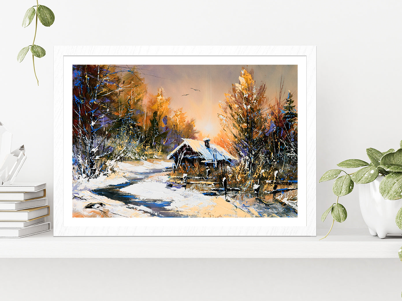 Rural Winter Landscape Autumn Painting Glass Framed Wall Art, Ready to Hang Quality Print With White Border White