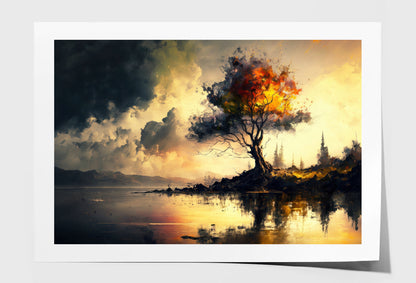 Abstract Tree near Lake Cloudy Sky Oil Painting Wall Art Limited Edition High Quality Print Unframed Roll Canvas None