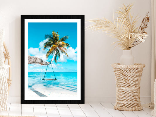 Coconut Tree Beach Swing View Photograph Glass Framed Wall Art, Ready to Hang Quality Print With White Border Black