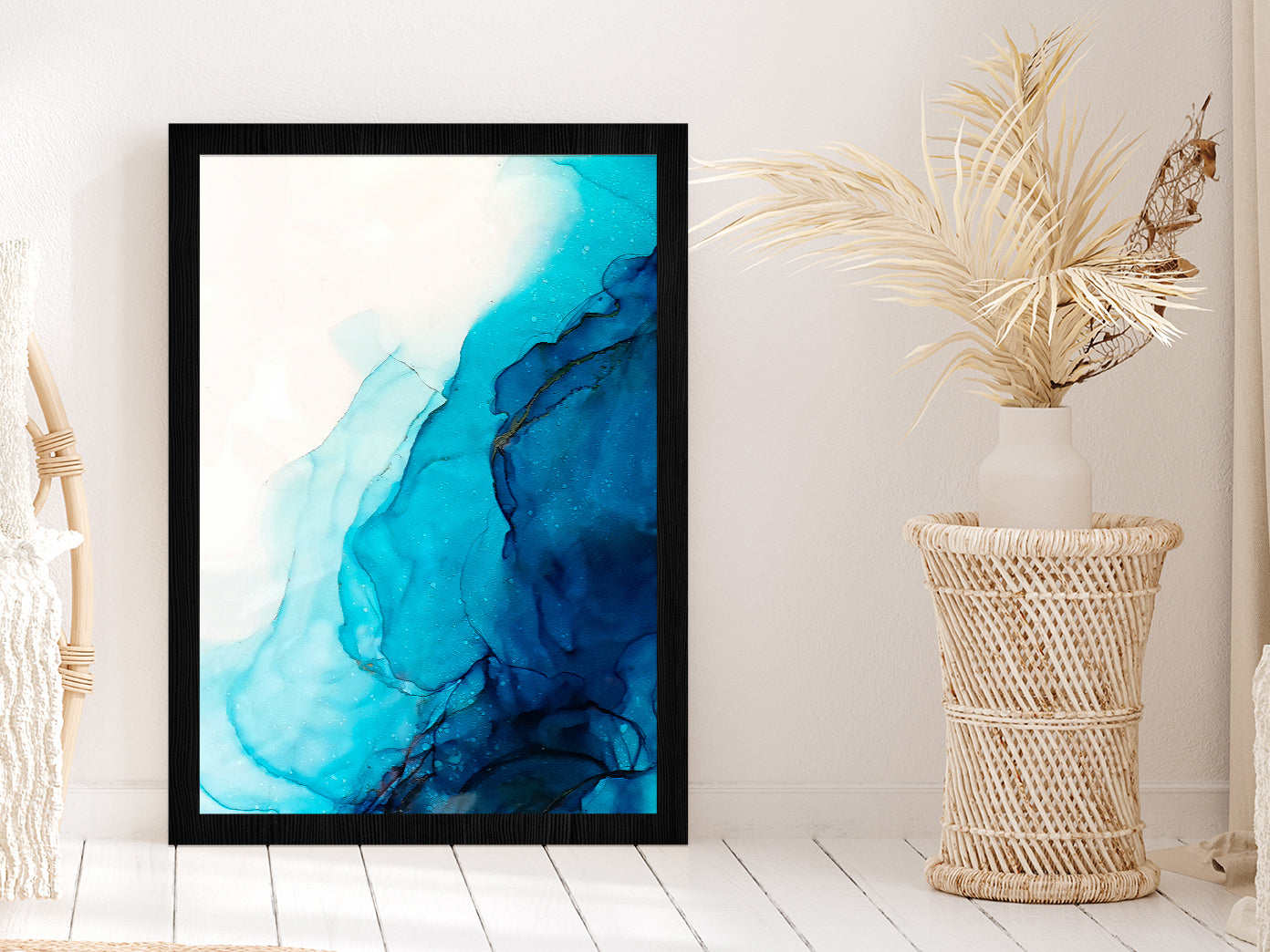 Blue & White Liquid Abstract Art Glass Framed Wall Art, Ready to Hang Quality Print Without White Border Black