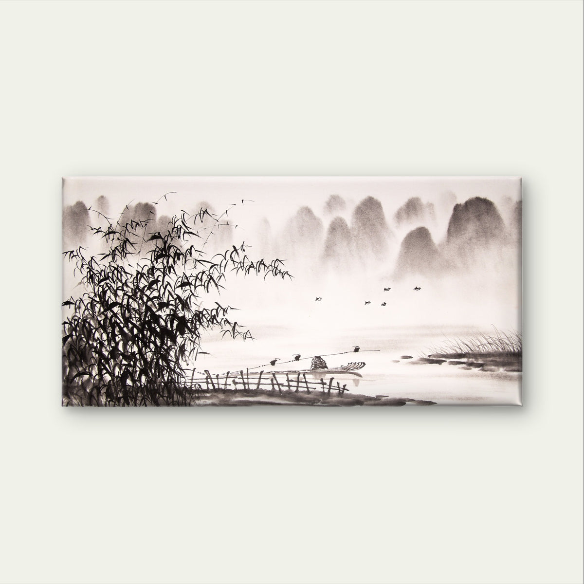 Chinese Ink Wash Bamboo Boat Landscape Painting Wall Art Canvas Office Home Framed 120x60cm