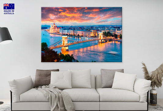Evening Sunset Parliament Chain Bridge in Pest Hungar Wall Art Decor 100% Australian Made