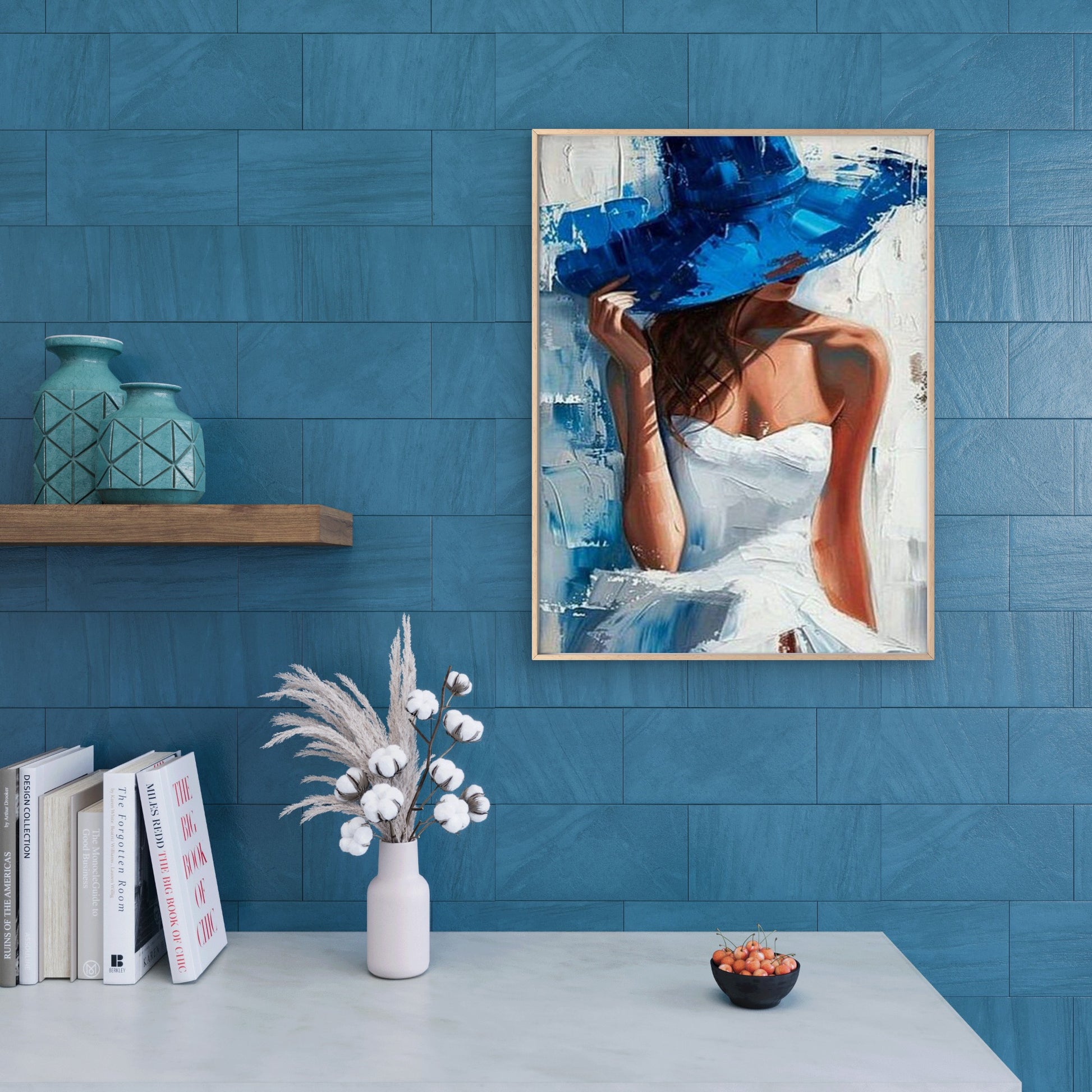 Blue Hat Woman Stylish White Dress Fashion Home Decor Premium Quality Poster Print Choose Your Sizes - Bella Home Decor