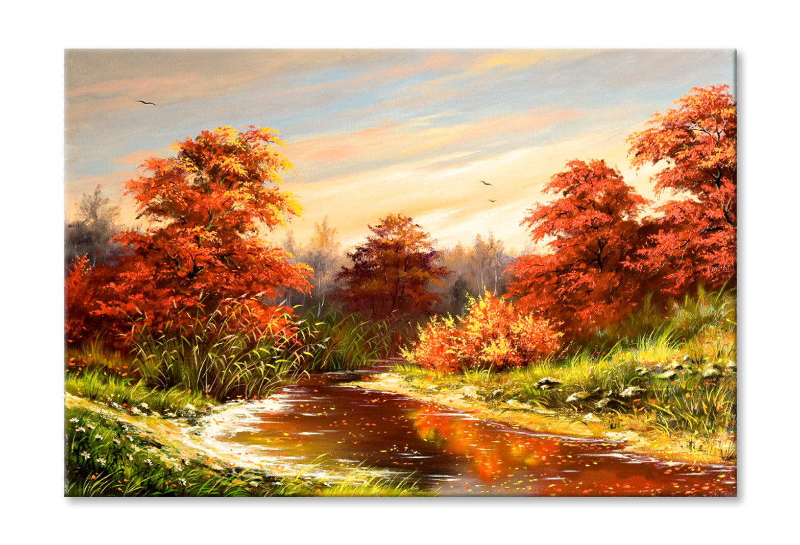 Autumn With The River Oil Painting Wall Art Limited Edition High Quality Print Stretched Canvas None