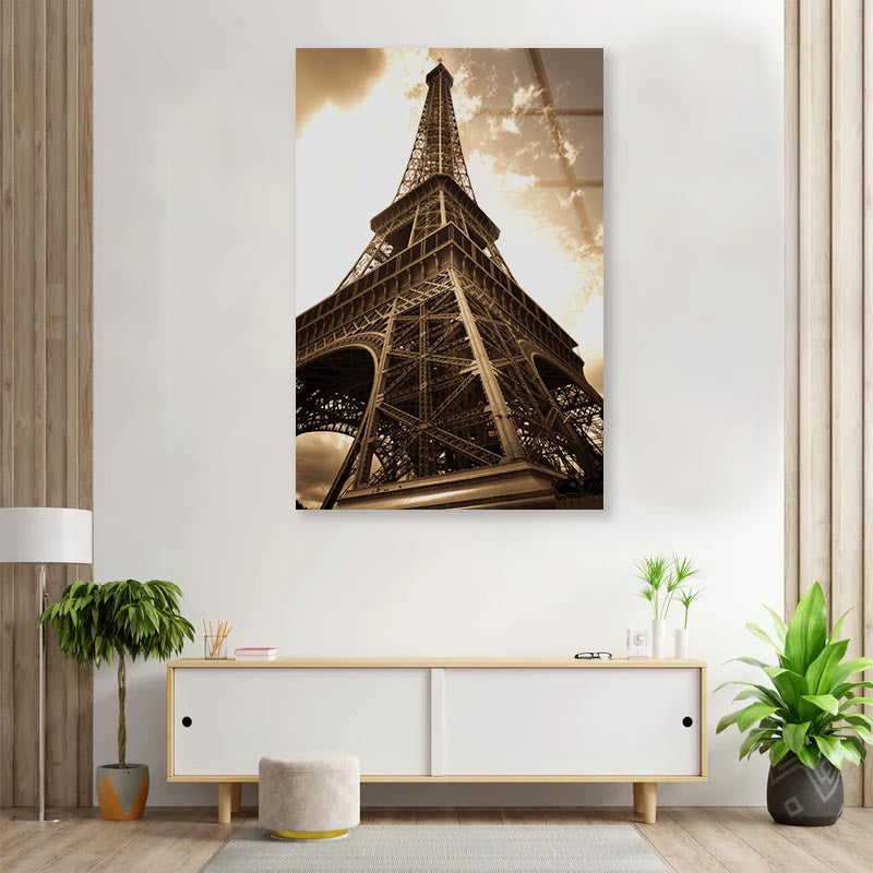 Vintage Eiffel Tower And Sky Portrait Photograph Acrylic Glass Print Tempered Glass Wall Art 100% Made in Australia Ready to Hang - Bella Home Decor