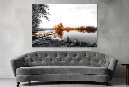 Yellow Pier in lake sunset black and white Stunning Design Print 100% Australian Made