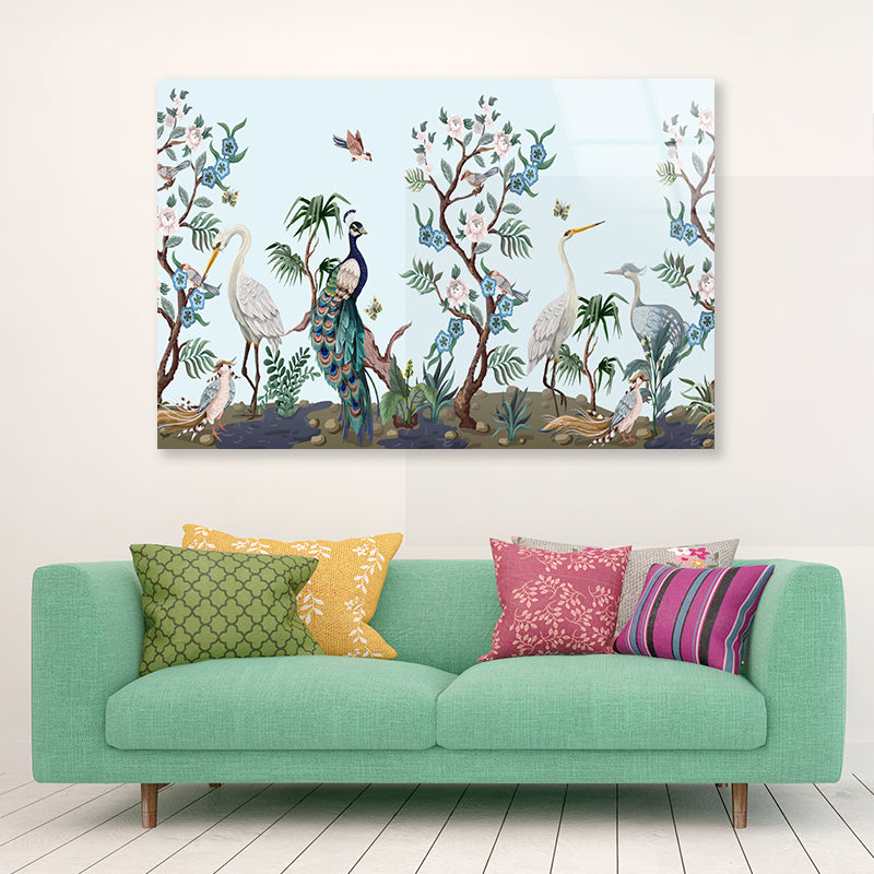Peacock and Peonies Style Acrylic Glass Print Tempered Glass Wall Art 100% Made in Australia Ready to Hang - Bella Home Decor