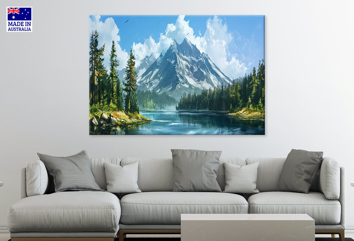 Cloudy Sky Mountain Lake Forest Wall Art Decor 100% Australian Made
