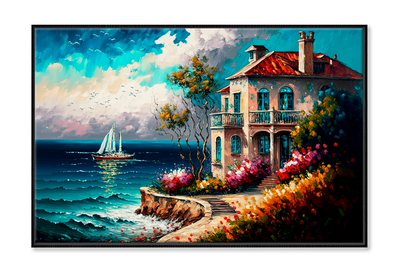 Coastal Seascape With Nobody Oil Painting Wall Art Limited Edition High Quality Print Canvas Box Framed Black