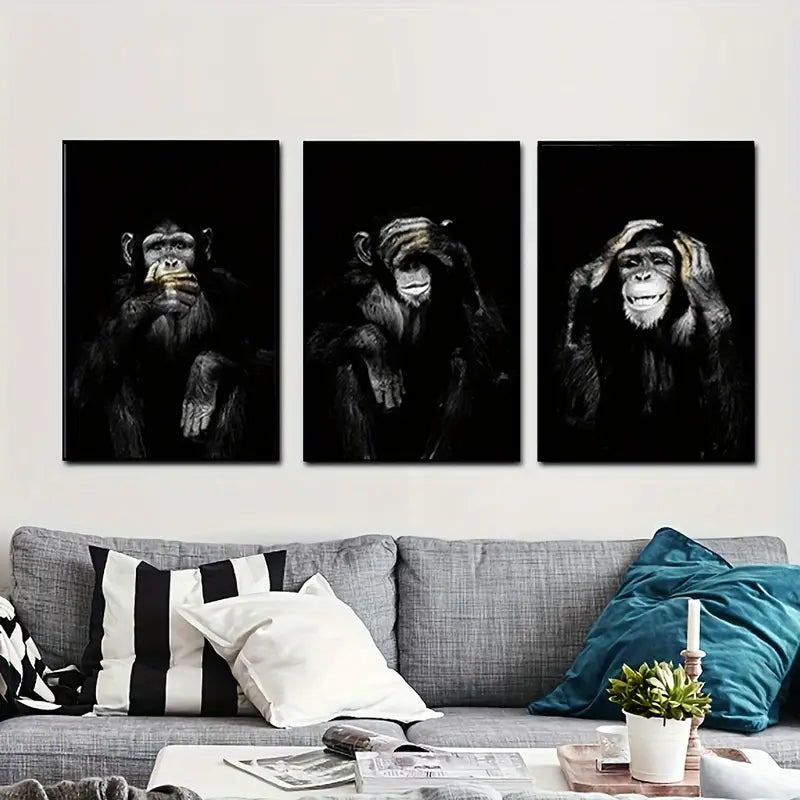 3pcs Black And White Monkey Art Painting Metal Print Ready to Hang Art - Bella Home Decor