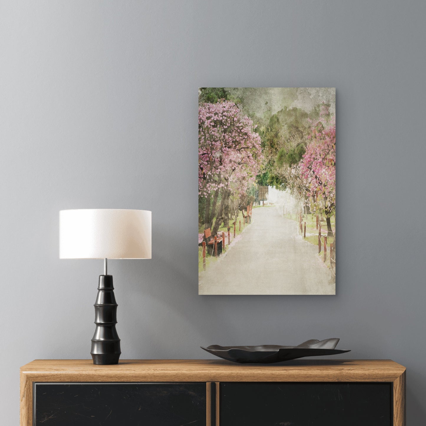 Pink Cherry Blossom Park Path 40x60cm Metal Print Ready to Hang
