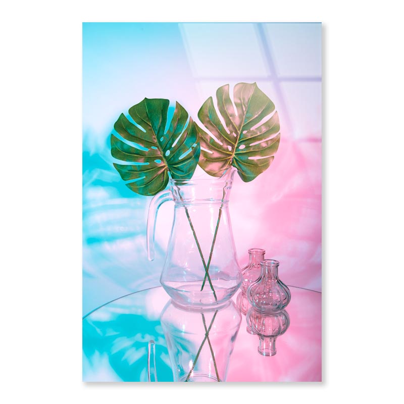 Two Green Leaves in A Clear Vase on A Table Portrait Photograph Acrylic Glass Print Tempered Glass Wall Art 100% Made in Australia Ready to Hang - Bella Home Decor