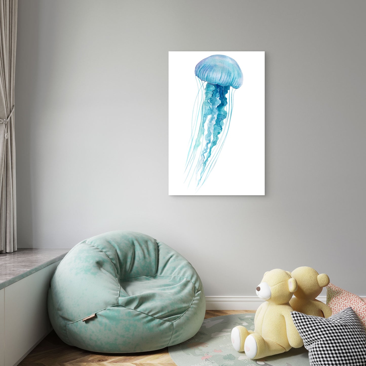 Blue Watercolor Jellyfish Sea Life 60x90cm Metal Print Ready to Hang